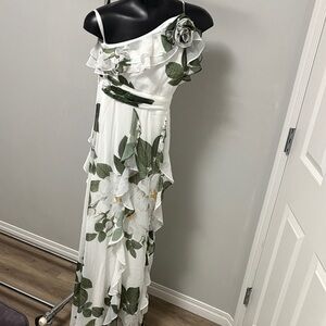 Elegant White and Green Floral Dress